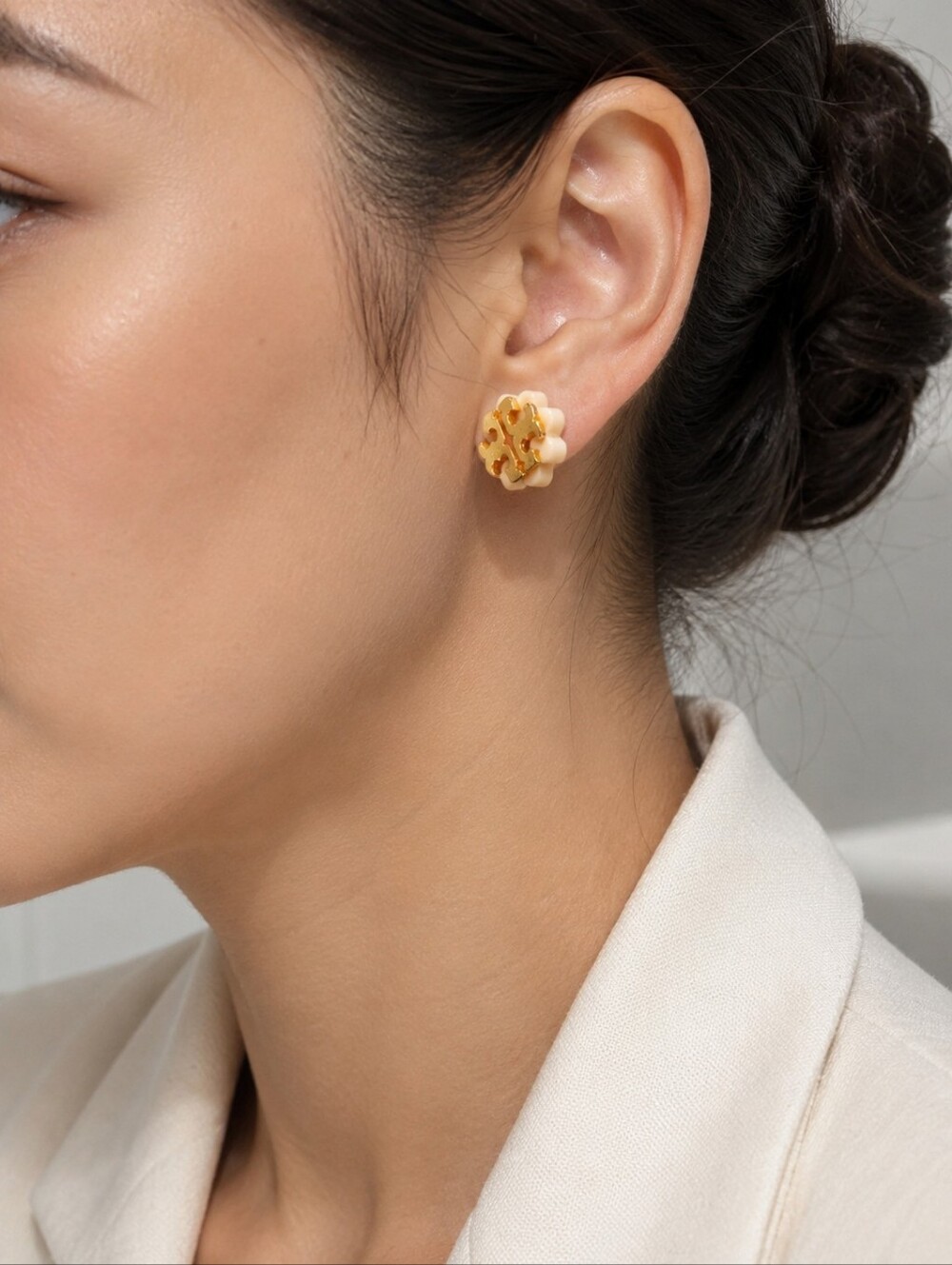Tory Burch Gold Tone & Ivory Floral Logo Stud Earrings